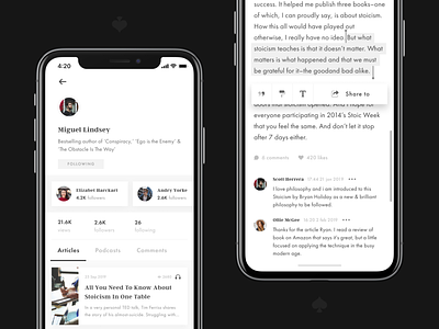 Stoic. Application – Profile & Article article card comment followers likes mobile mobile app mobile app design mobile design mobile ui podcast profile share stoic stoicism text editor ui ux
