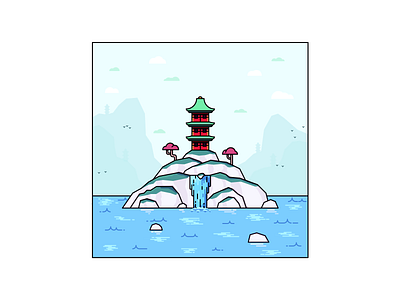 Island of the rising sun birds cherry blossom clean clouds colour colours japan lines minimal mountains ocean oriental outlines pagoda sea simple vector water waterfall waves