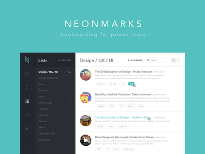 Neonmarks - Bookmarking for Power Users app bookmarks flat links list listing lists madebysan tags ui uruguay ux