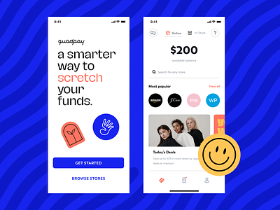 a smarter way to stretch your funds. app balance blue card finance fintech home installments ios login mobile online payments screens shopping stickers store stores ui ux