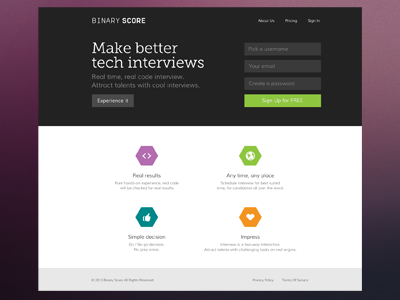 Binary Score - Landing Page binary developers features home icons landing page score test