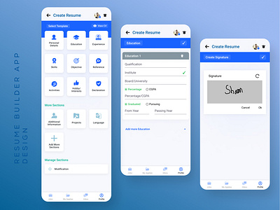 RESUME BUILDER APP DESIGN app app design branding cv cv maker design job finder job searching app resume resume builder app design resume maker ui uiux
