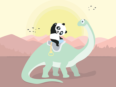 Ride m Dino cute design dinosaurs dinosaurus flat illustration illustrator panda pandas sunset vector