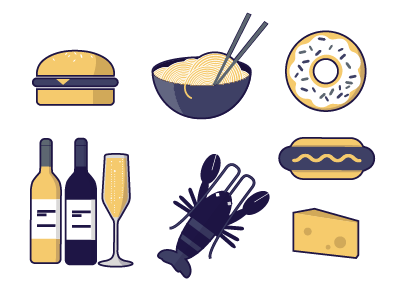 food illustrations champagne cheese donut eat hamburger hot dog icons illustration lobster ramen vector wine