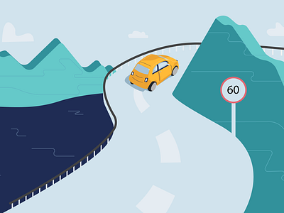 Through the mountains app app illustration car driving green insurance lake mountains yellow car