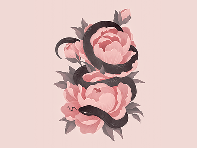 Anguis animal black fauna flora garden illustration ipadpro leaves painting peonies peony pink pretty procreate snake witch