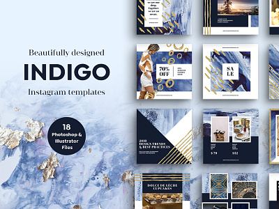INDIGO Instagram Templates aquarel blue gold indigo ink instagram photoshop social media template texture watercolor