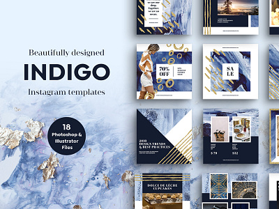 INDIGO Instagram Templates aquarel blue gold indigo ink instagram photoshop social media template texture watercolor