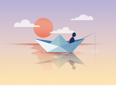 Paper Boat blue boat design illustration lake landscape minimal orange paper paperboat