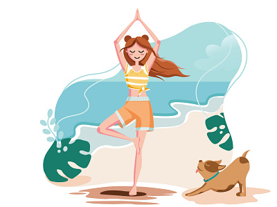 Yoga girl dog flat girl illustration landscape sea yoga