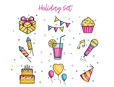 Holiday icon set blue holiday icon illustration pink vector yellow