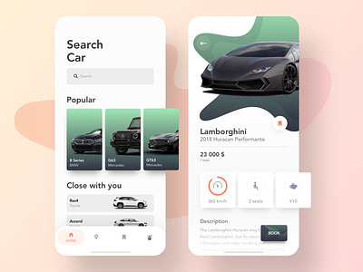 Car Rental App 🔥 bmw book booking car app car rental cards choose car concept gradient graphic green ios lamborghini map mercedes rent rent a car search speed ui ux