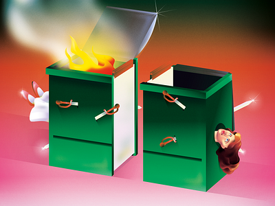 Burning Waste Bin. Flat Vector Illustration. Green Container