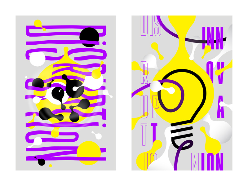 Poster for Event Series 1+2 innovation disruption lightbulb yellow purple dots waves warped metaballs design poster