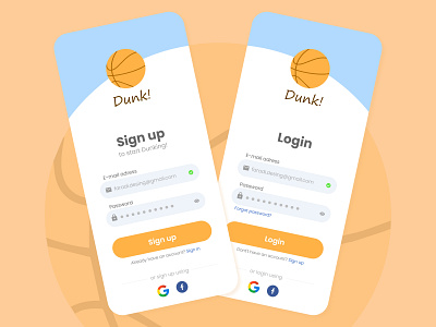 Dunk! Sign up and Login pages