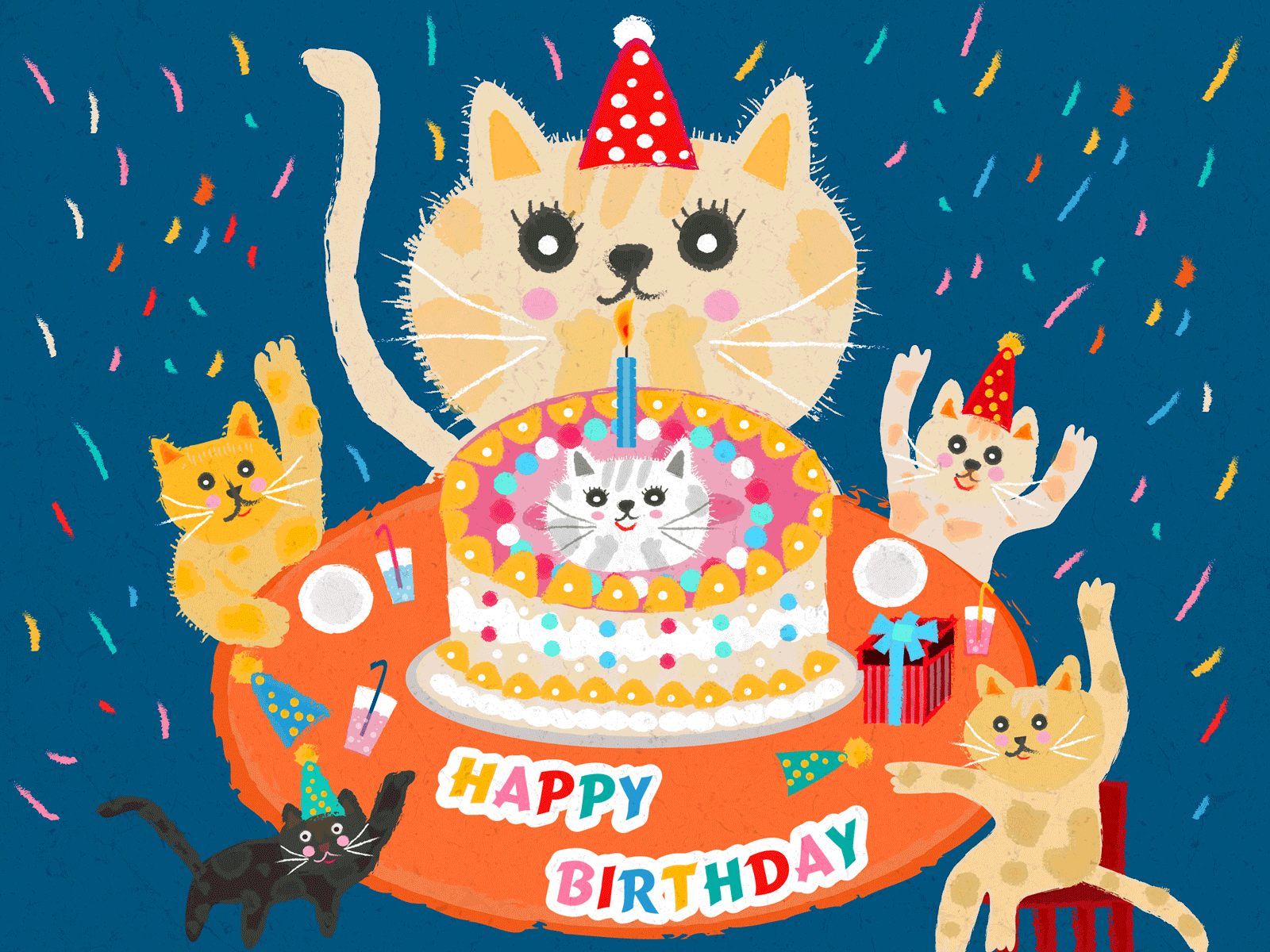 Birthday card birthday card cake cat gif illustration many cats play
