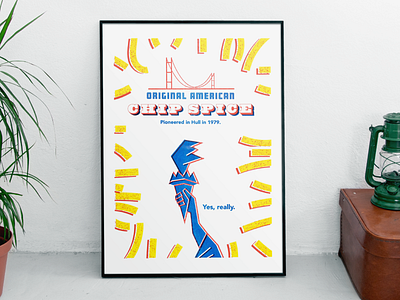 Chip Spice - Riso Print american blue bridge chip spice chips food fries hull humber bridge illustration kingston upon hull paprika poster print riso riso print risography spice statue of liberty typography