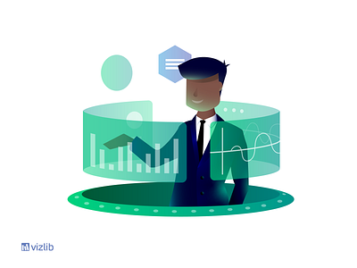 Data In, Insights Out branding branding design business business intelligence business man businessman data visualization dataviz design futuristic gradient graph green identity illustration insights qlik qlik sense screens vizlib