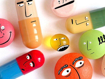 Yum characters faces medicine pills