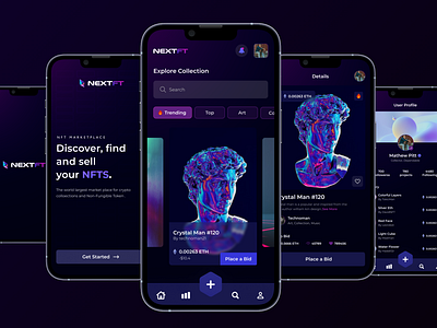 Nextft - NFT Marketplace app design dark design nft design figma marketplace mobile mobile app design nft nft app design nft bidding app design nft biding app nft design nft market nft marketplace nft mobile app nft mobile app design nftmarketplalce uiux uiux design xd