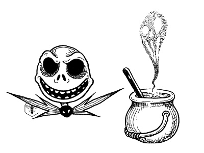 Halloween II black and white cauldron gravure handdrawn illustration ink jack skellington witch