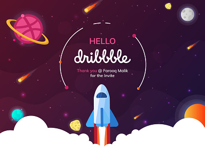 Hello Dribbble! first draft graphics design invite launch rocket launch thank you for invite thanks dribbble