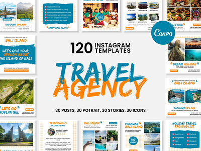 Travel Agency Blue Instagram | CANVA Templates brand identity business branding canva design canva templates design engagement booster facebook templates highlight cover highlight icons illustration instagram posts instagram stories instagram templates logo