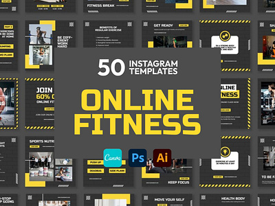 Online Fitness Yellow | CANVA-PS-AI 3d animation brand identity branding business branding canva design canva templates design engagement booster facebook templates graphic design highlight cover highlight icons illustration instagram posts instagram stories instagram templates logo motion graphics ui