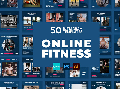 Online Fitness Navy IG | CANVA-PS-AI 3d animation brand identity branding business branding canva design canva templates design engagement booster facebook templates graphic design highlight cover highlight icons illustration instagram posts instagram stories instagram templates logo motion graphics ui