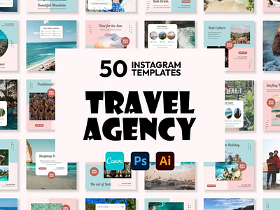 Travel Agency Pink IG | CANVA-PS-AI 3d animation brand identity branding business branding canva design canva templates design engagement booster facebook templates graphic design highlight cover highlight icons illustration instagram posts instagram stories instagram templates logo motion graphics ui