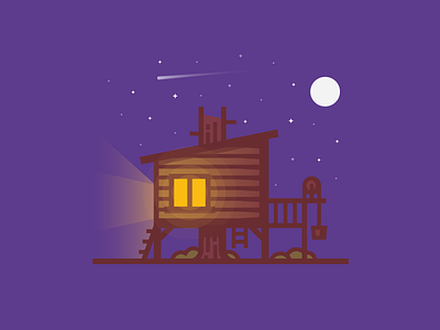Treehouse 7daystocreate cabin camping house illustration lighting line night scene tree treehouse woods