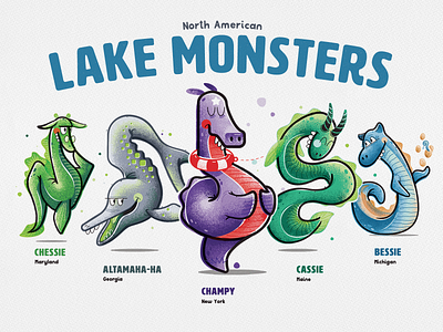 Lake Monsters of North America bessie cassie champy cryptid illustration illustrator monster nessie poster vector