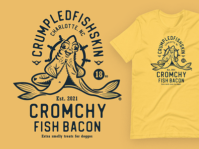 Crumpledfishskin Cromchy Fish Bacon bacon branding emblem illustration logo product design salmon tshirt design typography vector
