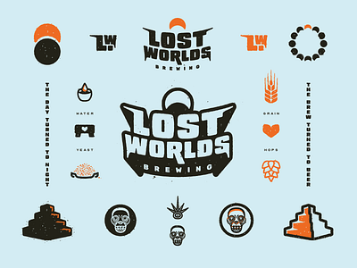 Lost Worlds Brewing Brand Elements badge branding emblem icon illustrator logo mark texture typography vector