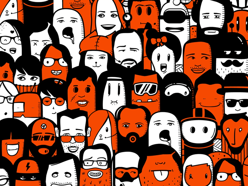 Isobar's Future Faces animation colleagues diverse diversity doodle doodling flat funny illustration orange people team vector