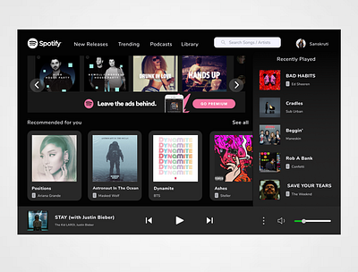 Redesigned Spotify UI appdesign design interface musicapp musicplayerapp songsapp songsplayer spotify spotifyui ui uitrends ux webdesign