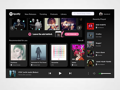 Redesigned Spotify UI appdesign design interface musicapp musicplayerapp songsapp songsplayer spotify spotifyui ui uitrends ux webdesign