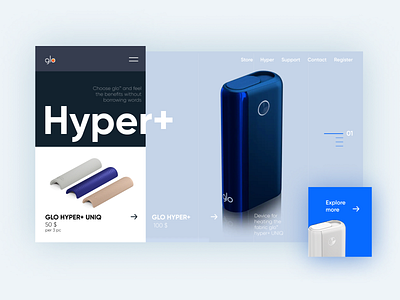 Glo hyper+ landing hero section branding design firstscreen landing landing page minimalistic site smoke device ui uiux ux web design