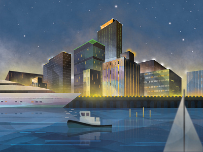 City city city lights digital painting dribbble illustration nature ocean sail boat san diego space