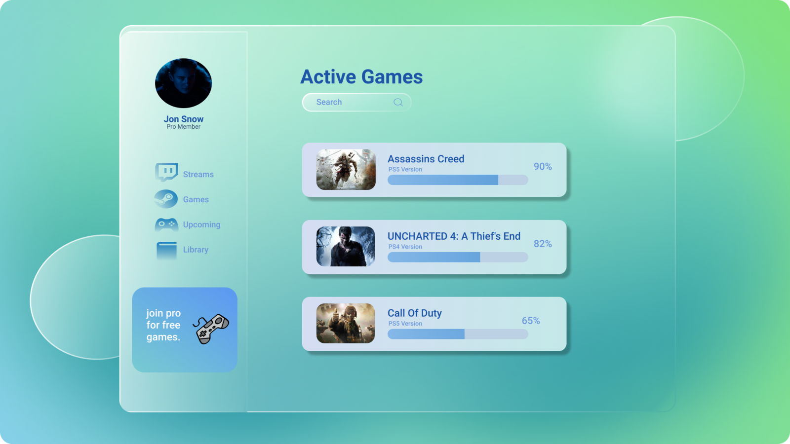 Game Glass UI Design by diego Michel on Dribbble