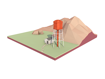 Low poly landscape with water tower cinema4d environment lowpoly practice sketch