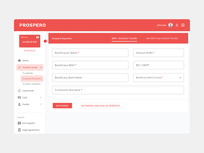 Prospero Digital Banking Service - Dashboard - Outward Payments banking banking dashboard crypto dashboard dashboard ui digital banking finance money transfer transfer ui ux