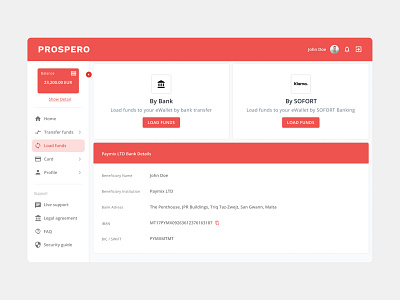 Prospero Digital Banking Service - Dashboard - Load Funds banking banking dashboard crypto dashboard dashboard ui digital banking finance ui design ux ux design web app