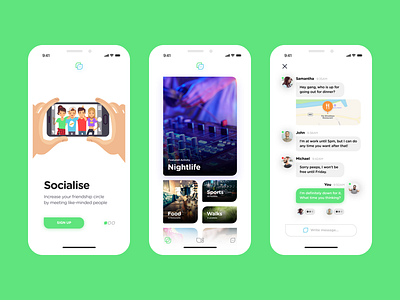 Friendship Circle App UI app chat dashboard design green illustration interaction interface onboarding ui ux visual