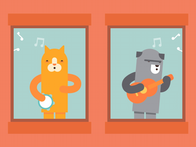 Makin' Music 2d animation cat cute dog funny guitar music notes tambourine window