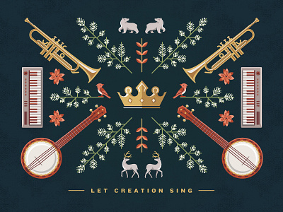 Lessons & Carols banjo bear bird card christmas crown dear illustration instrument invitation keyboard trumpet