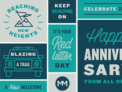 Keep on Keeping on anniversary card celebration color blocks custom illustration lettering mountain trail truck type typography