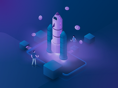 Boost Illustration - Elix Crowdfunding Platform blockchain boost crowdfunding cryptocurrency elix illustration isometric launch project rocket spaceship tokens