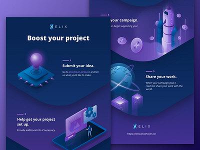 Elix Infographic blockchain crowdfunding crytocurrency elix fintech idea illustration infographic isometric planet rocket