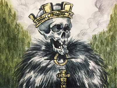 The Skeleton King forest gold illustration king medieval skeleton sword traditional art warrior watercolor